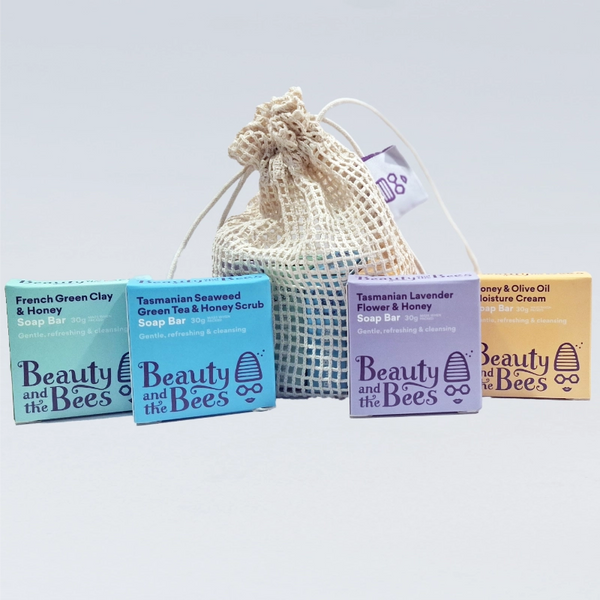Beauty & The Bees Mini Soaps Bundle WIth Mesh Soap Saver Bag