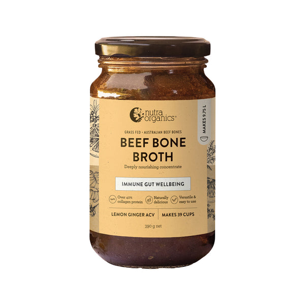 Bone Broth Beef - Nutra Organics - Deeply Nourishing Concentrate Lemon Ginger ACV 390g