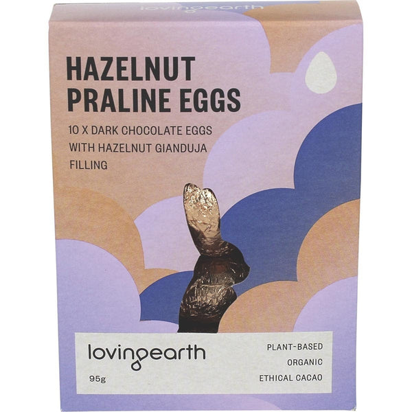 Loving Earth Hazelnut Praline Eggs Dark Chocolate 95g (BB Date 14/12/2023)